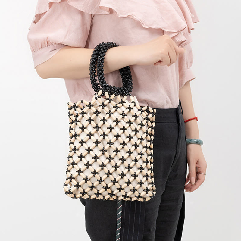 Buddha Stones Hand-woven Lozenge Wooden Beads Handbag Handbags BS 5