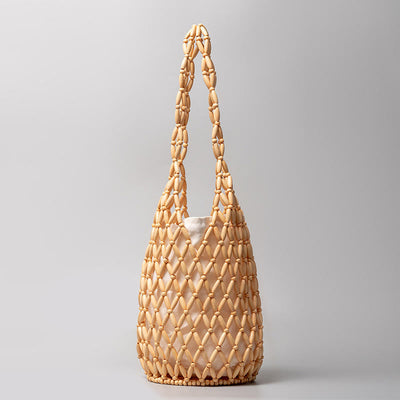 Buddha Stones Hand-woven Wooden Beads Bucket Shoulder Bag Handbag Handbags BS Beige 16.5*16.5*36cm