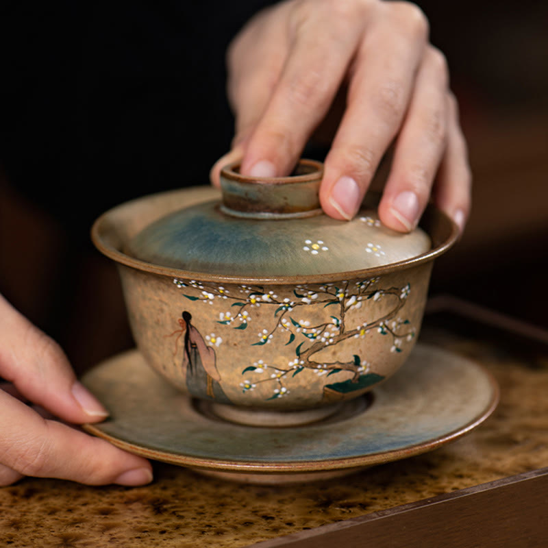 Buddha Stones Jingdezhen Hand Painted Ru Kiln Porcelain Hanfu Girl Flower Ceramic Gaiwan Sancai Teacup Kung Fu Tea Cup And Saucer With Lid Cup BS 8