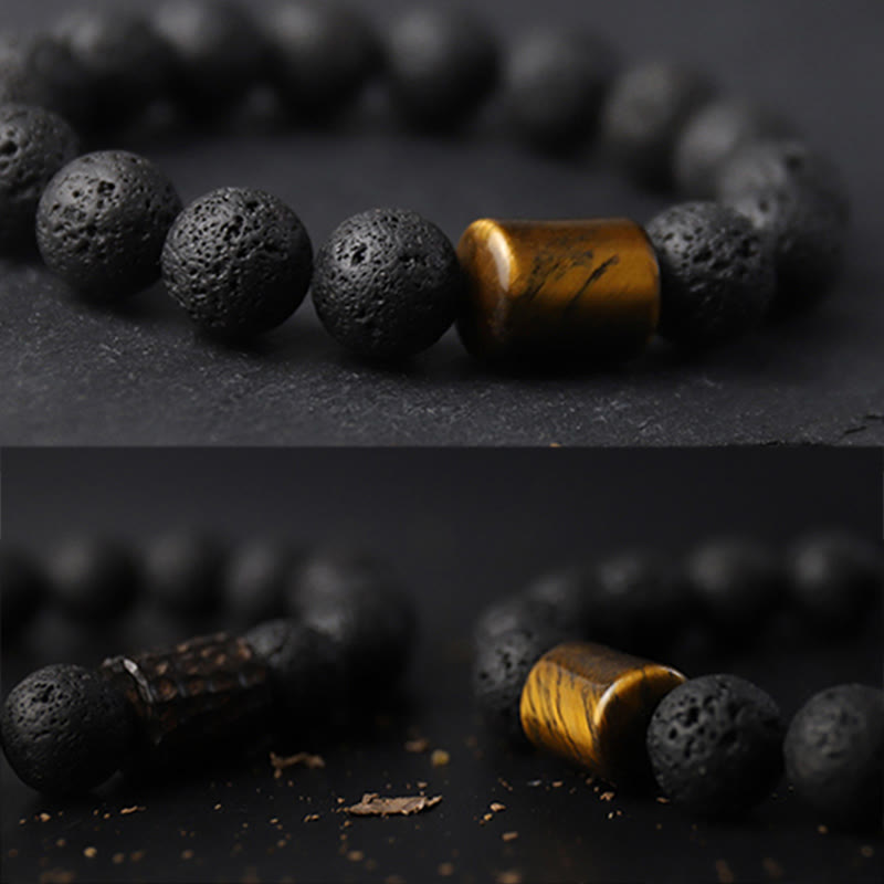 Bracelet de guérison Foviel en roche volcanique, bois d'ébène et œil de tigre
