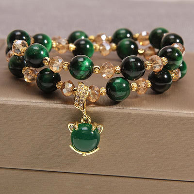 Buddha Stones Tiger Eye Pixiu Fox Money Bag Protection Self Confidence Double Wrap Bracelet Bracelet BS Green Tiger Eye&Fox
