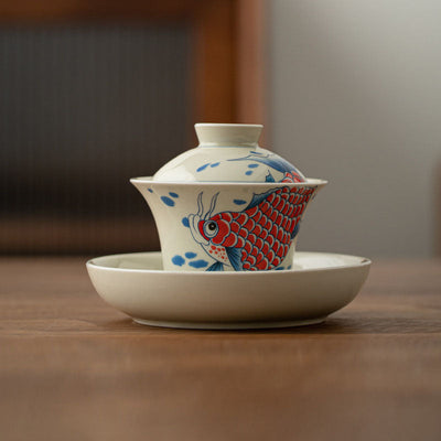 Buddha Stones Koi Fish Arowana Ceramic Gaiwan Sancai Teacup Kung Fu Tea Cup With Lid 130ml Cup BS 2