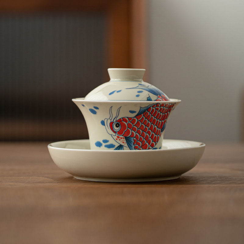 Buddha Stones Koi Fish Arowana Ceramic Gaiwan Sancai Teacup Kung Fu Tea Cup With Lid 130ml Cup BS 2