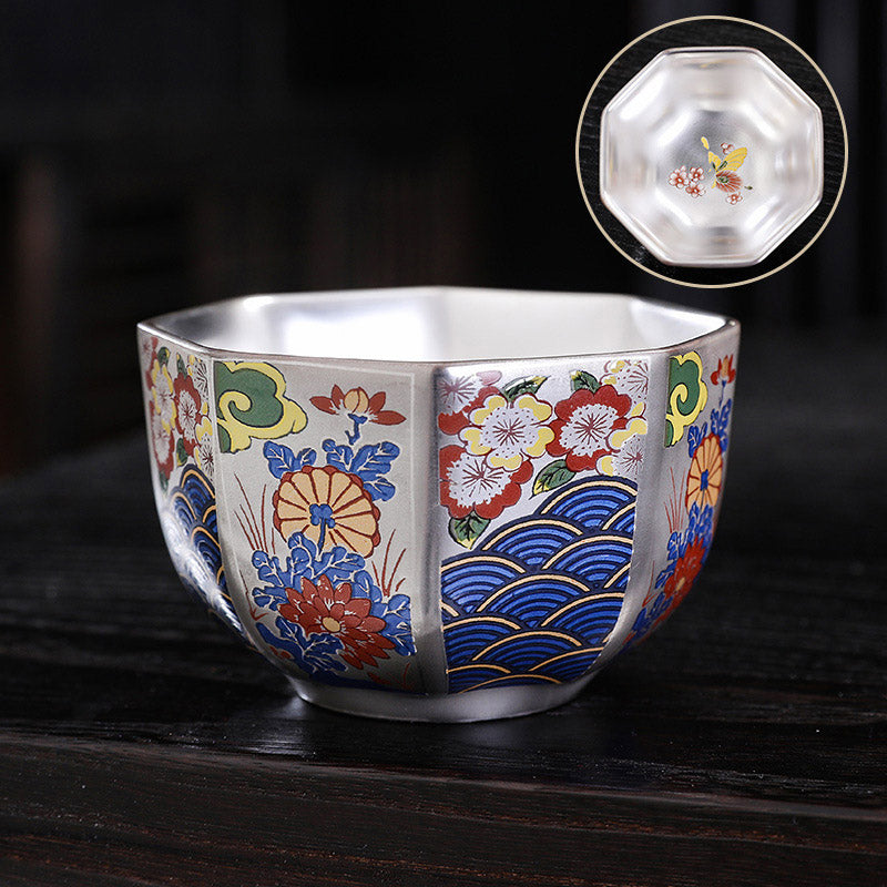 Buddha Stones 999 Sterling Silver Gilding Chrysanthemum Flowers Ceramic Teacup Kung Fu Tea Cup Cup BS Flowers 8.6cm*5.3cm*165ml