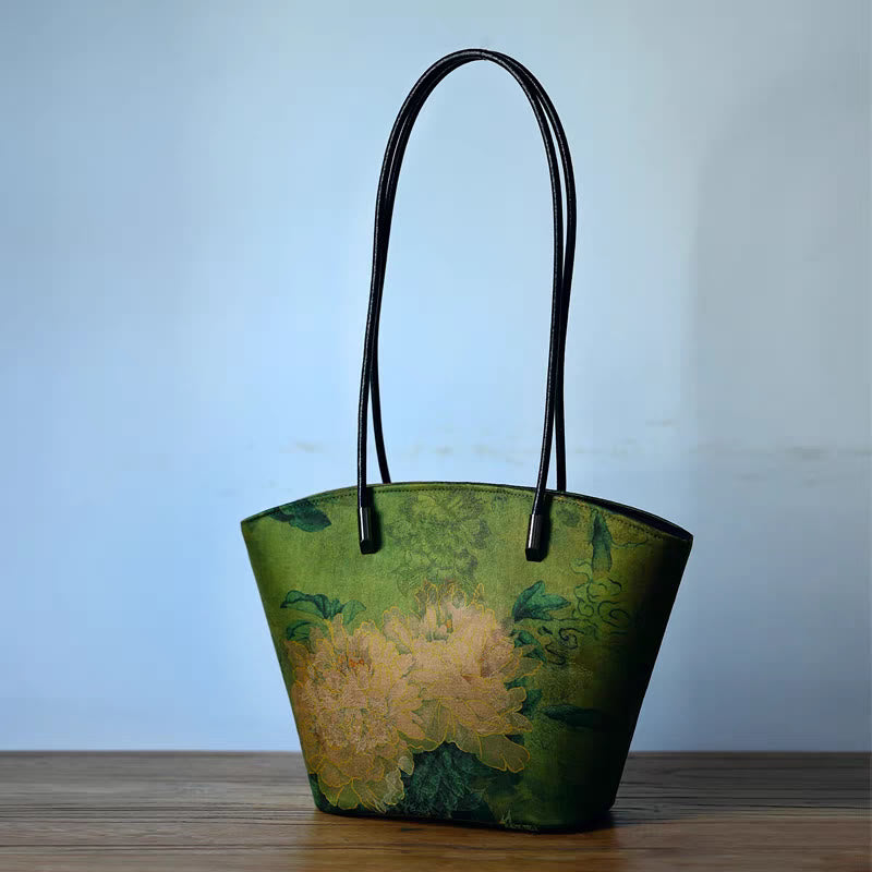 Buddha Stones Vintage Bamboo Magpie Peony Butterfly Large Capacity Shoulder Bag Handbag Shoulder Bag BS Green Peony 22-32*19.5*11.5cm