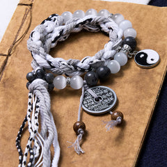 Buddha Stones Black Glitter Stone Cat's Eye Yin Yang Mountain Ghosts Spend Money Power Double Layer Rope Bracelet Bracelet BS Cat's Eye+Black Glitter Stone(Wrist Circumference 14-18cm)