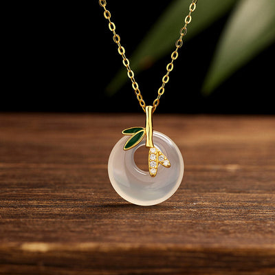 Buddha Stones 925 Sterling Silver Natural Chalcedony Bamboo Leaf Peace Buckle Positive Necklace Pendant Necklaces & Pendants BS Golden Bamboo Chalcedony