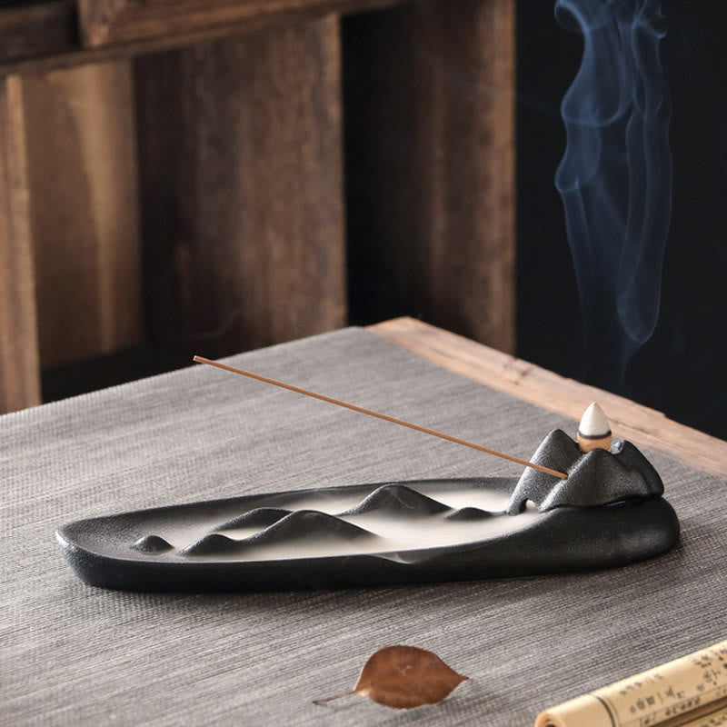 Buddha Stones Double Koi Fish Mountain Healing Ceramic Stick Incense Burner Decoration Incense Burner BS Brown Mountain 27.6*8.3*6.5cm