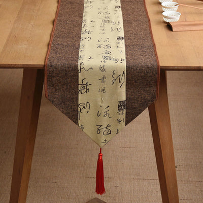 Buddha Stones Classic Chinese Style Lotus Koi Fish Flower Crane Calligraphy Enlightenment Cotton Linen Tassels Table Runner Table Runner BS Brown Yellow Calligraphy 30*180cm