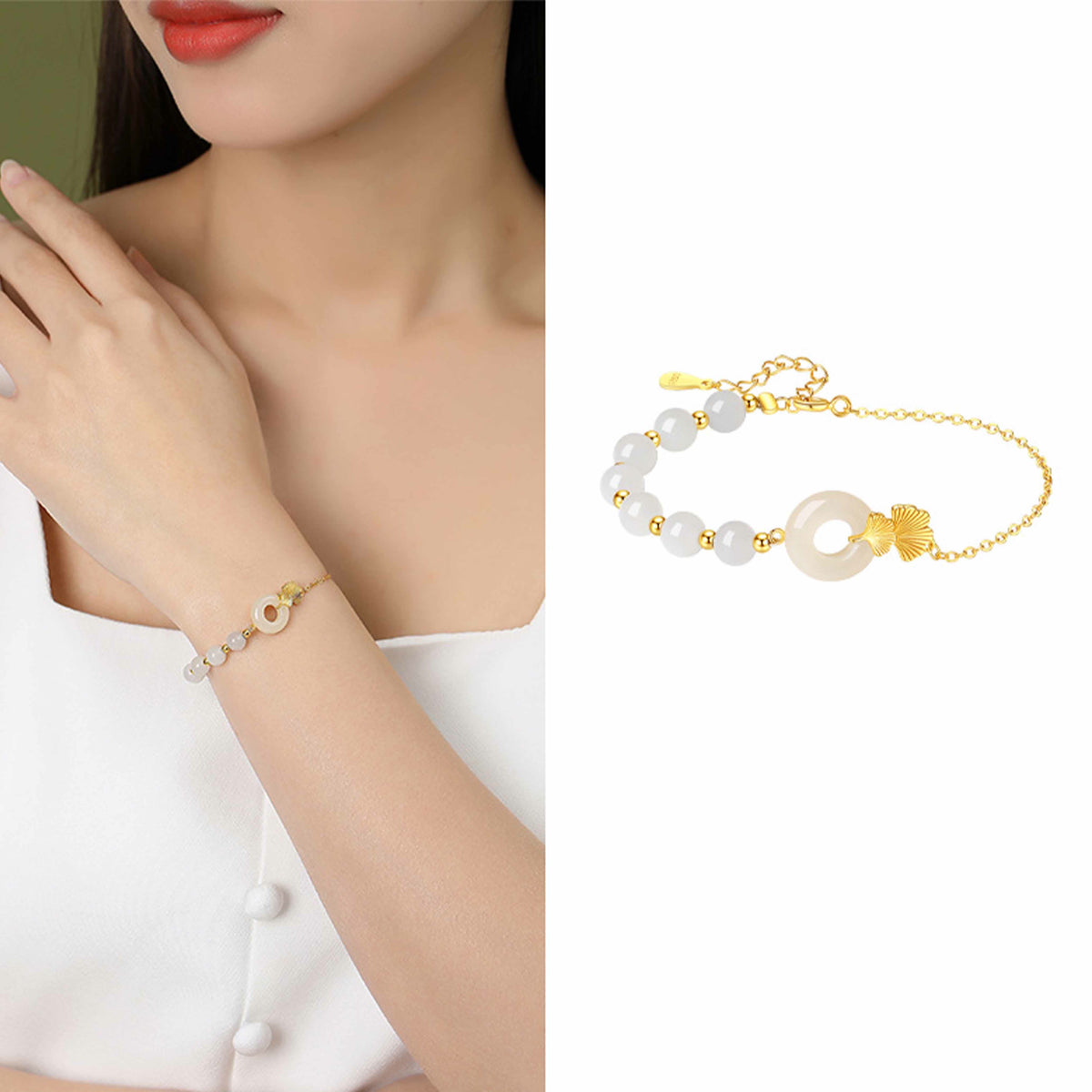 Buddha Stones 925 Sterling Silver Hetian White Jade Peace Buckle Ginkgo Leaf Luck Bracelet Bracelet BS 8