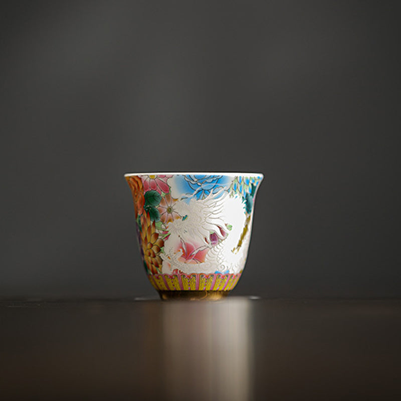 Buddha Stones Dragon Phoenix Flowers Ceramic Teacup Kung Fu Tea Cup 50ml Cup BS Dragon 4.5cm*5.3cm*50ml