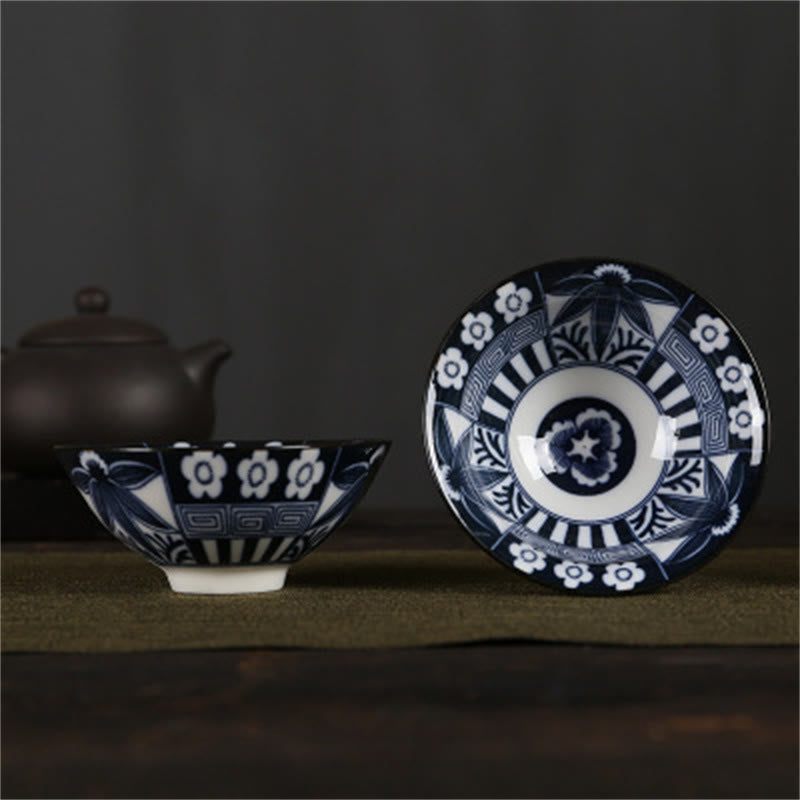 Buddha Stones Flowers Fu Character Mountains Lotus Cherry Blossoms Ceramic Teacup Kung Fu Tea Cup Cup BS Dark Blue Flowers 8.5cm*4cm*90ml