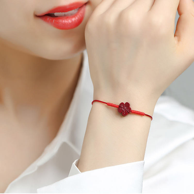 Buddha Stones Handmade Plum Blossom Four Leaf Clover PiXiu Lotus Koi Fish Cinnabar Blessing Braid Bracelet Bracelet BS 3