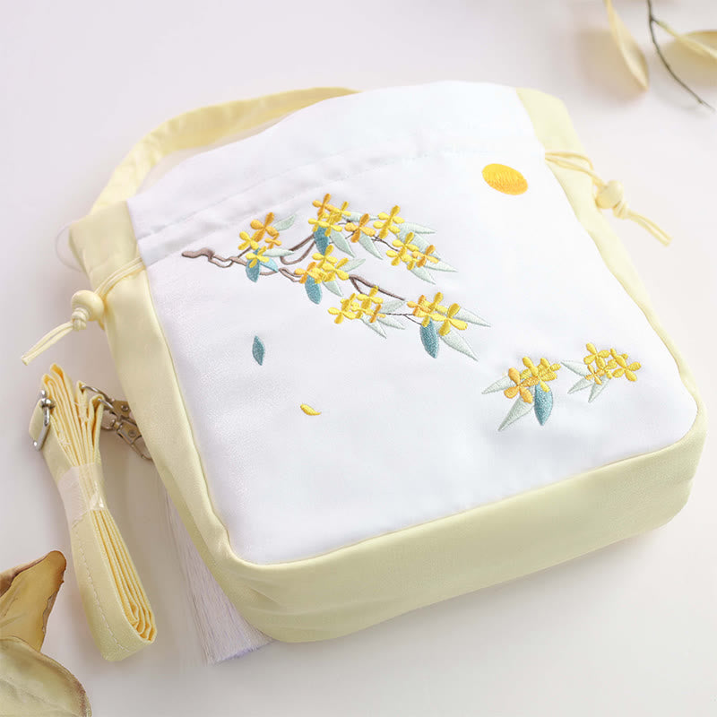 Buddha Stones Embroidered Osmanthus Peony Grape Cat Cotton Linen Tote Crossbody Bag Shoulder Bag Handbag Crossbody Bag BS 2