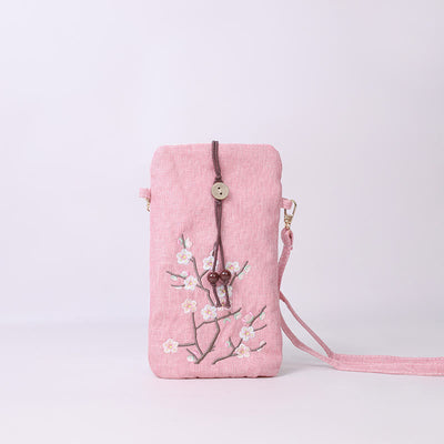 Buddha Stones Small Embroidered Flowers Crossbody Bag Shoulder Bag Cellphone Bag 11*20cm Crossbody Bag BS Light Pink Plum Blossom 11*20cm