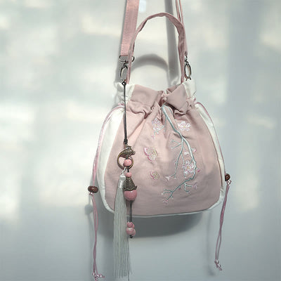 Buddha Stones Handmade Embroidered Flowers Canvas Tote Shoulder Bag Handbag Bag BS Pink White Flower
