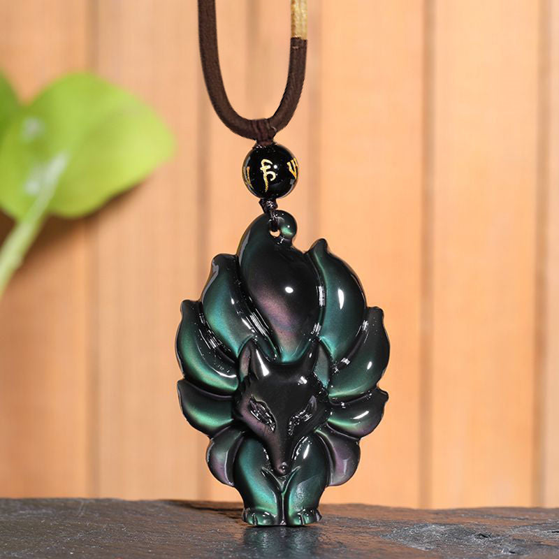 Buddha Stones Natural Rainbow Obsidian Gold Sheen Obsidian Nine Tailed Fox Positive Necklace Pendant - Rainbow Obsidian Nine Tailed Fox - image 0