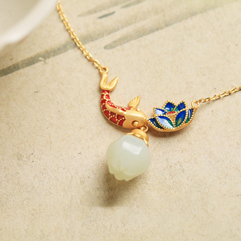 Buddha Stones 925 Sterling Silver White Jade Koi Fish Lotus Protection Necklace Pendant Necklaces & Pendants BS 4