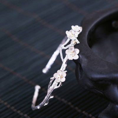 Buddha Stones 925 Sterling Silver Plum Flower Blessing Bracelet Adjustable Bangle Bracelet BS 9