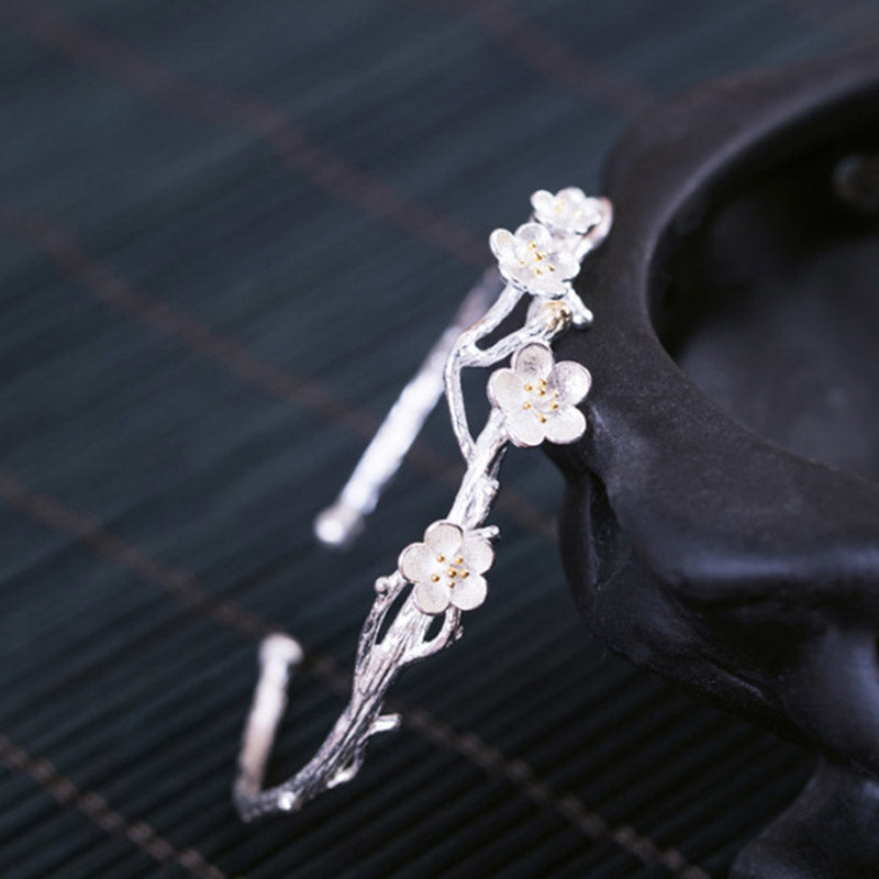 Buddha Stones 925 Sterling Silver Plum Flower Blessing Bracelet Adjustable Bangle Bracelet BS 9