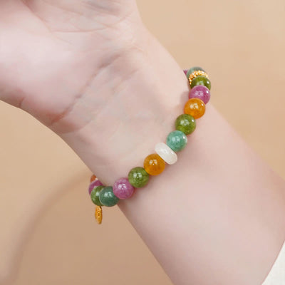 Buddha Stones Colorful Tourmaline Chalcedony Positive Fu Character Charm Bracelet Bracelet BS 1