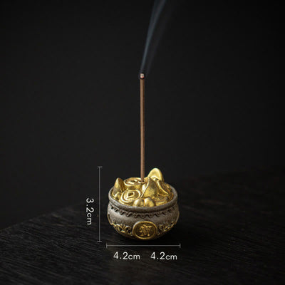 Buddha Stones Small Treasure Bowl Lucky Bag Bagua Tray Healing Ceramic Stick Incense Burner Decoration Incense Burner BS Brown Treasure Bowl 4.2*4.2*3.2cm