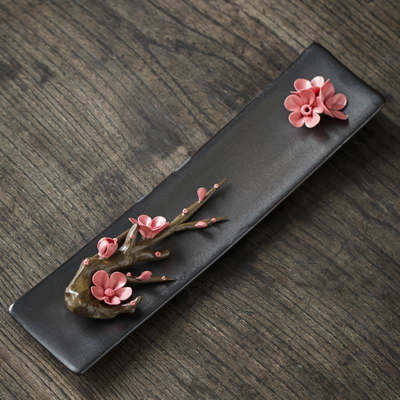 Buddha Stones Lotus Peony Rose Flower Ceramic Spiritual Incense Burner Incense Burner BS Red Plum