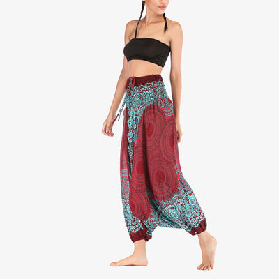 Buddha Stones Two Style Wear Round Geometric Pattern Loose Smocked Harem Trousers Jumpsuit High Waist Women's Yoga Pants Harem Pants&Bodysuit BS 4