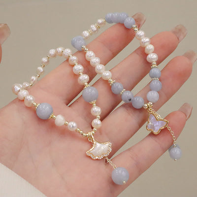 Buddha Stones Natural Aquamarine Pearl Healing Ginkgo Leaf Butterfly Charm Bracelet Bracelet BS 1