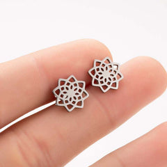 Buddha Stones Tibetan Lotus Pattern New Beginning Stud Earrings Earrings BS Silver