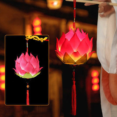 Buddha Stones DIY Lotus Flower Dragon Lantern Tassel Lamp Decoration Decorations BS Red Lotus Lantern