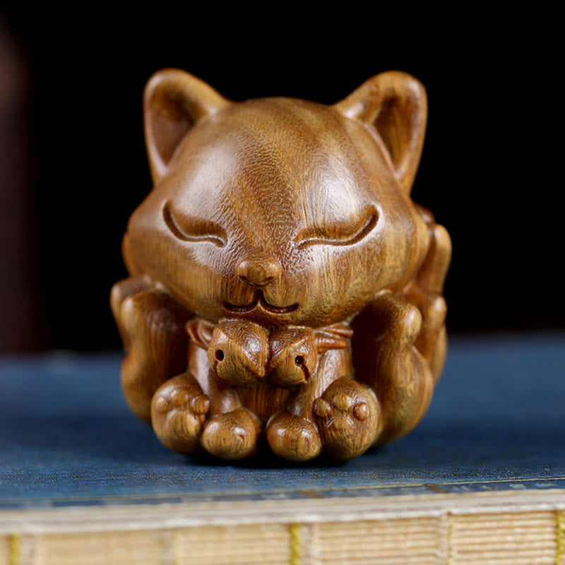 Buddha Stones Mini Nine-Tailed Fox Ivory Fruit Sandalwood Green Sandalwood Blessing Decoration Decorations BS 19