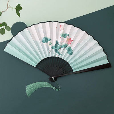 Buddha Stones Retro Lotus Flower Leaf Mountain Lake Handheld Folding Fan With Bamboo Frames Folding Fan BS Lotus Flower Leaf Black Bamboo Frames