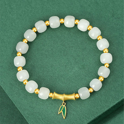 Buddha Stones 925 Sterling Silver Hetian White Jade Bamboo Luck Bracelet