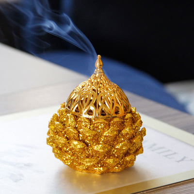 Buddha Stones Gold Pine Cone Pattern Spiritual Rituals Mini Incense Burner Home Tabletop Decor Incense Burner BS 11