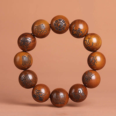 Buddha Stones Lightning Struck Jujube Wood Yin Yang Bagua Taoist Taboo Scripture Symbol Engraved Luck Bracelet Bracelet BS Taoist Scripture Symbols 20mm(Wrist Circumference 19-21cm)
