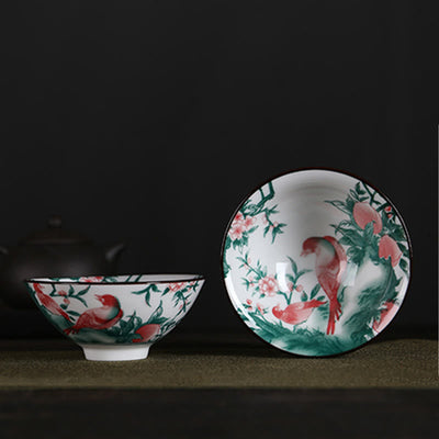 Buddha Stones Flowers Fu Character Mountains Lotus Cherry Blossoms Ceramic Teacup Kung Fu Tea Cup Cup BS Red Bird Green Branches 8.5cm*4cm*90ml