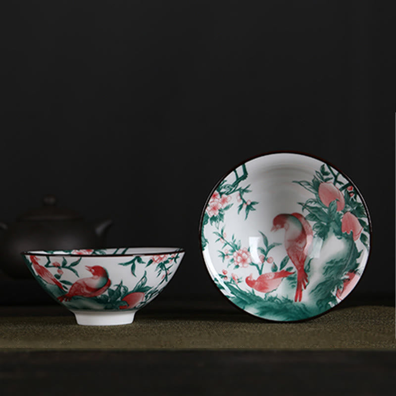 Buddha Stones Flowers Fu Character Mountains Lotus Cherry Blossoms Ceramic Teacup Kung Fu Tea Cup Cup BS Red Bird Green Branches 8.5cm*4cm*90ml