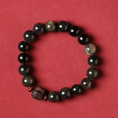 Buddha Stones Natural Gold Sheen Obsidian Rainbow Obsidian Om Mani Padme Hum Fu Character Healing Bracelet Bracelet BS 19