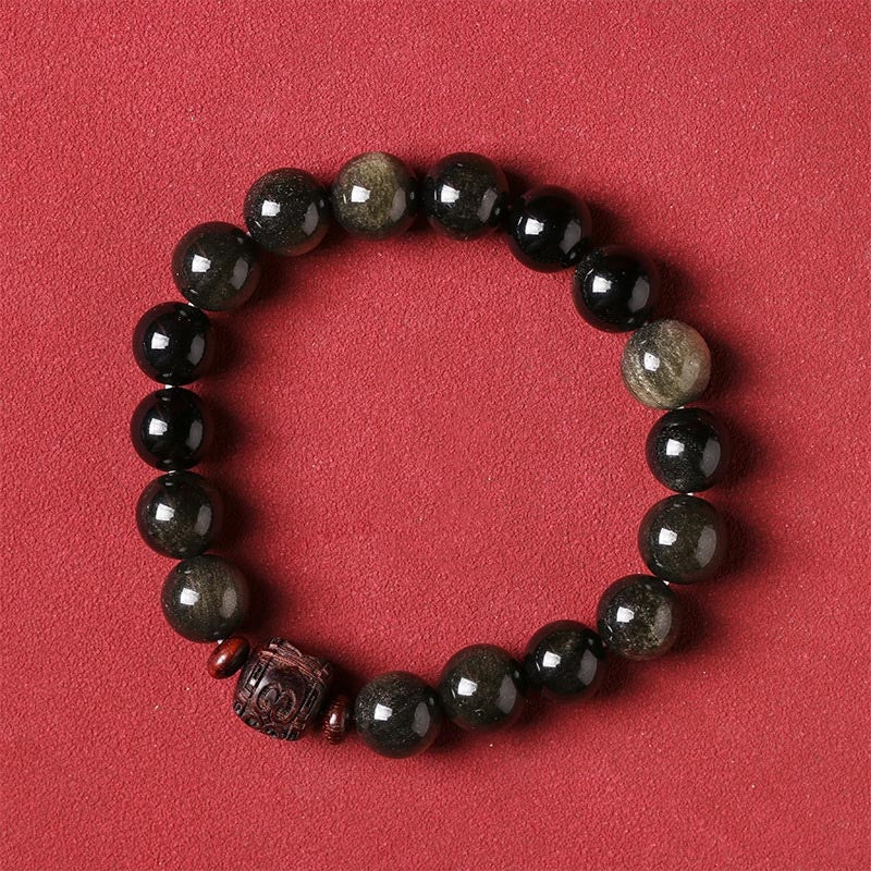 Buddha Stones Natural Gold Sheen Obsidian Rainbow Obsidian Om Mani Padme Hum Fu Character Healing Bracelet Bracelet BS 19