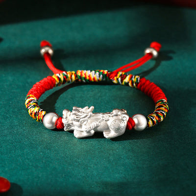 Buddha Stones 999 Sterling Silver PiXiu Wealth King Kong Knot String Braided Kids Child Bracelet Bracelet BS 999 Sterling Silver PiXiu Colorful Rope(Bracelet Size 12+4cm)