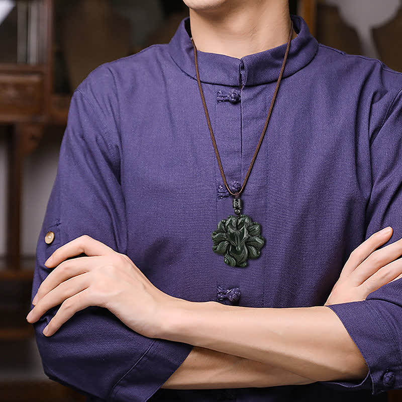 Buddha Stones Hetian Cyan Jade Nine Tailed Fox Luck Necklace String Pendant Necklaces & Pendants BS 2