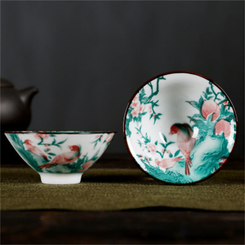 Buddha Stones Flowers Fu Character Mountains Lotus Cherry Blossoms Ceramic Teacup Kung Fu Tea Cup Cup BS Two Birds And Red Peach Blossoms 8.5cm*4cm*90ml
