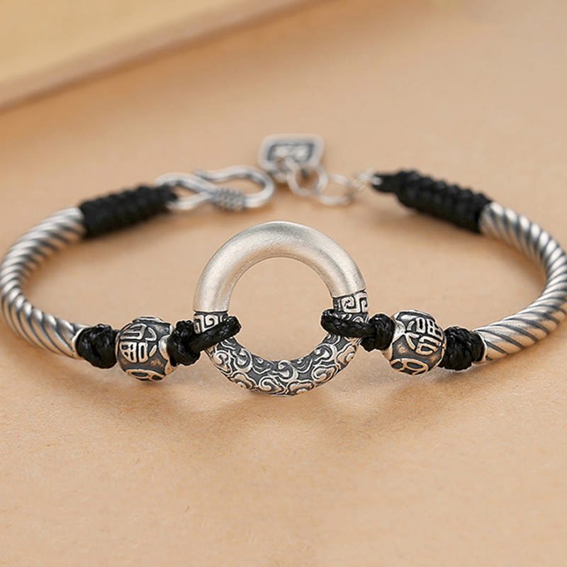 Buddha Stones 999 Sterling Silver Fu Character Peace Buckle Copper Coin Auspicious Clouds Fortune Bracelet Bracelet BS 10