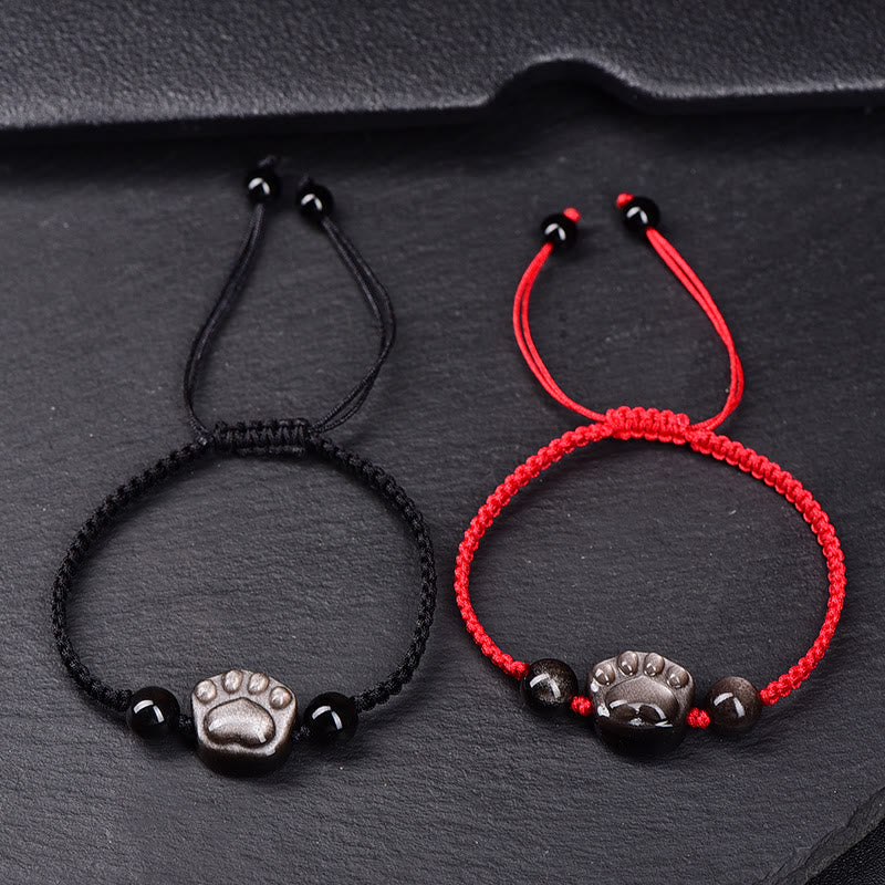Buddha Stones Natural Silver Sheen Obsidian Gold Sheen Obsidian Cute Cat Paw Claw Protection Rope Bracelet Bracelet BS 1