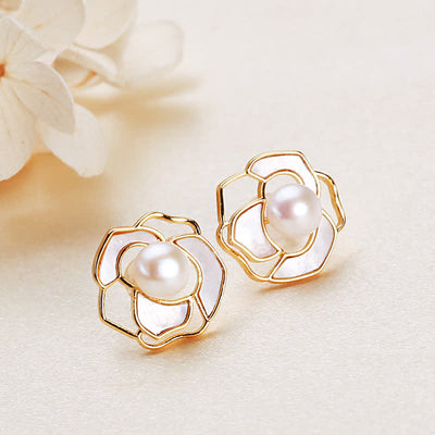 Buddha Stones 925 Sterling Silver Pearl Camellia Pattern Happiness Necklace Pendant Earrings Necklaces & Pendants BS Earrings