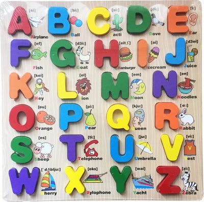 Tabla de letras de madera 3D de alfabeto ABCD mayúscula con impresiones ilustradas