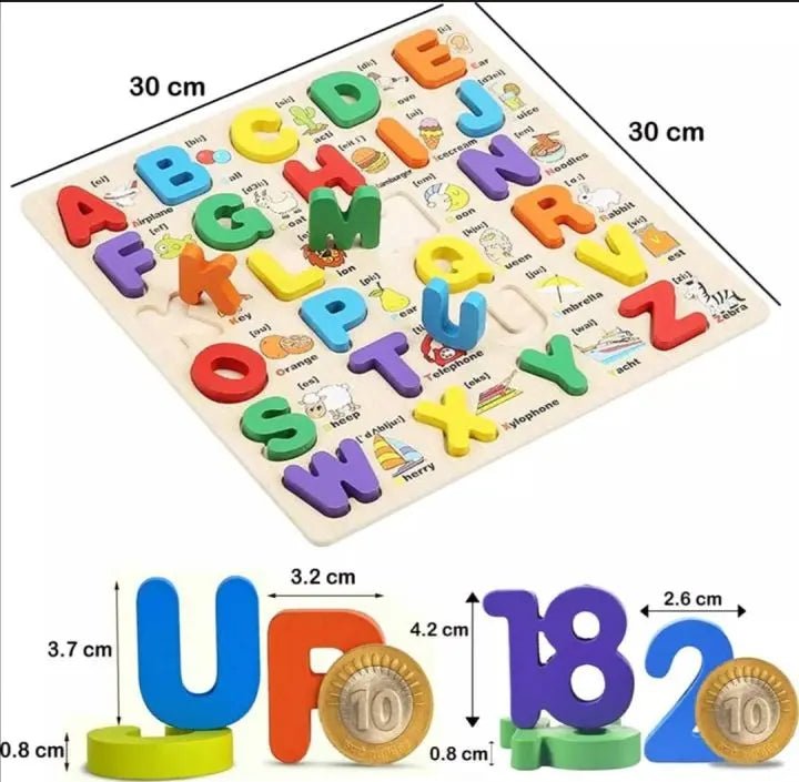 Tabla de letras de madera 3D de alfabeto ABCD mayúscula con impresiones ilustradas