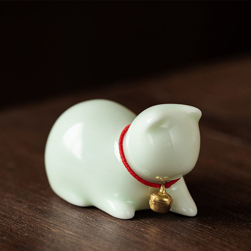 Buddha Stones Mini Small Cute Cat Tea Pet Ceramic Home Desk Figurine Decoration Decorations BS Sitting Cat 5*3*3cm Green