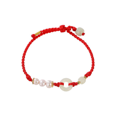Buddha Stones 925 Sterling Silver Plated Gold Hetian Jade Peace Buckle Pearl Luck Bracelet Bracelet BS 5